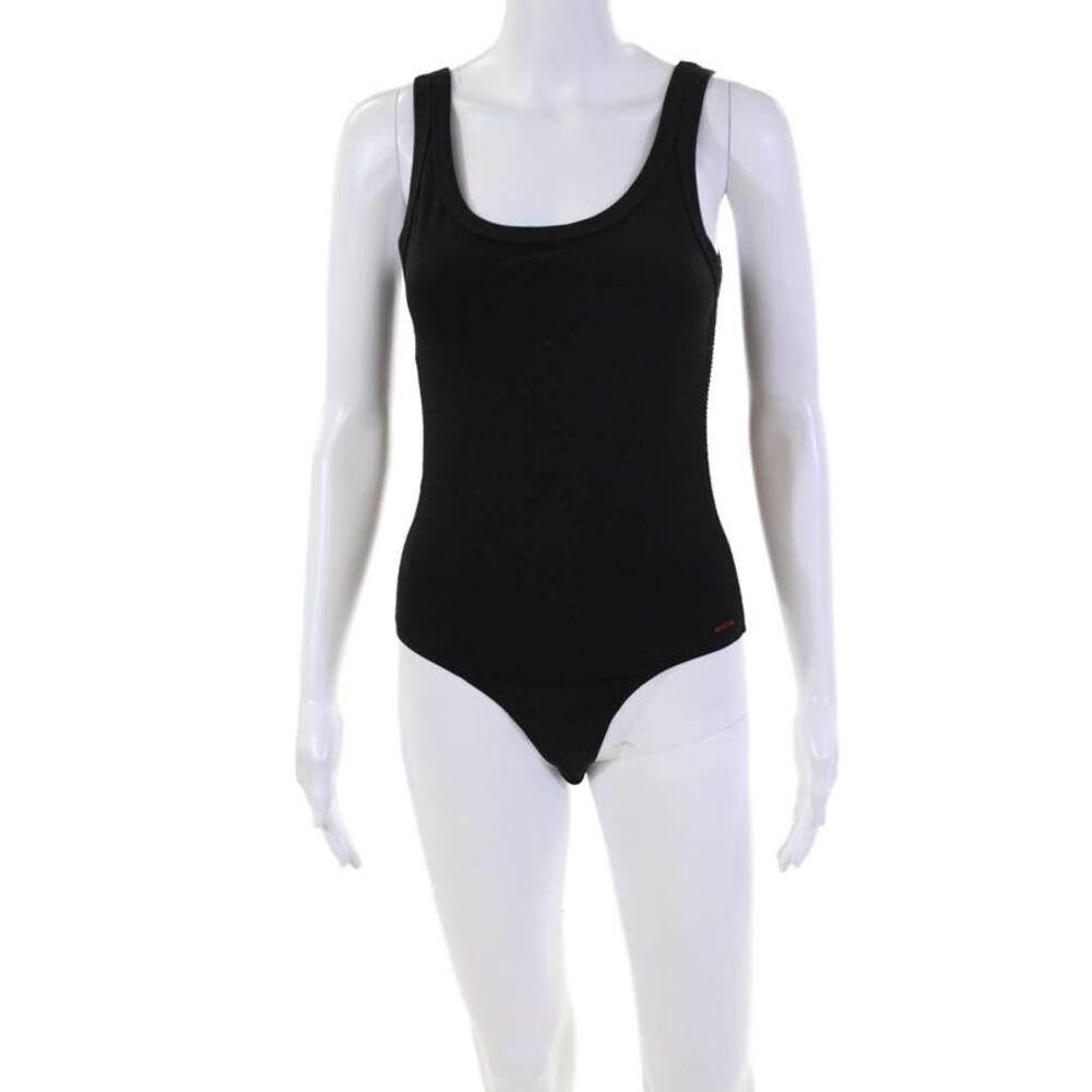 Philanthropy Womens Sleeveless Scoop Neck Open Knit Trim Bodysuit Black Medium